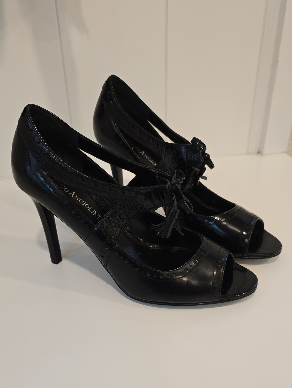 Enzo Angiolini Black Patent Peep-Toe Tassel Heels